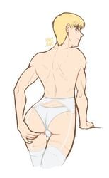 1boy armin_arlert artist_name attack_on_titan blonde_hair blue_eyes crossdressing cute exposed_back femboy feminine_male fit_male holding_ass lingerie lingerie_only looking_at_viewer looking_back male male_only modeling panties pinkunina possing shingeki_no_kyojin solo solo_male stocking suspender_belt white_background