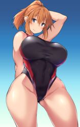 1girls absurd_res blue_eyes breasts female female_only hi_res kuronyan large_breasts looking_at_viewer one-piece_swimsuit orange_hair original ponytail simple_background smile solo swimsuit thick_thighs thighs wide_hips