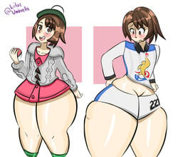 1girls big_ass big_butt blush bottom_heavy british brollyinthewind brown_eyes brown_hair cardigan dress dress_shirt embarrassed fat_thighs female football_uniform gloria_(pokemon) green_hat green_socks gym_clothes hat huge_ass huge_butt huge_thighs human lilacumbrella_(artist) looking_at_ass looking_at_butt nervous pale-skinned_female pale_skin pink_dress pokeball pokemon pokemon_ss pokemon_trainer short_hair simple_background socks solo solo_female solo_focus struggle struggling struggling_to_fit thick_thighs thigh_bulge wardrobe_malfunction watermark wide_eyed wide_hips wide_thighs young