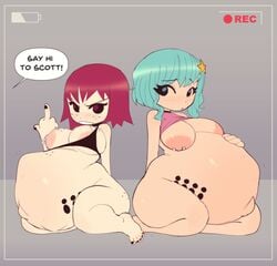 2girls areolae big_breasts body_writing breasts cleavage female female_only hellbrain huge_areolae huge_belly hyper_belly hyper_pregnancy kim_pine large_areolae middle_finger pregnant ramona_flowers ready_to_pop scott_pilgrim short_hair