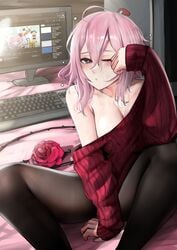 1girls big_breasts breasts cleavage female female_only keyboard large_breasts light-skinned_female light_skin looking_at_viewer nijisanji nijisanji_en pantyhose pc pink_hair pupi rain_prophet rosemi_lovelock screen sleepy solo solo_female sweater virtual_youtuber