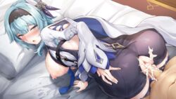 1girls anus ass bent_over blue_hair blush breasts clothed_sex cum cum_in_pussy cum_inside eula_(genshin_impact) exposed_anus female genshin_impact gloves hi_res large_breasts leotard male nipples pineapp_panda pussy sex straight torn_leotard vaginal_penetration