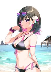 azki azki_(hololive) beach belly belly_button big_breasts bikini bikini_bottom bikini_top black_bikini eyewear eyewear_on_head female female_only glasses heart_glasses hololive hololive_gen_0 hololive_japan looking_at_viewer midriff pink_hair purple_eyes santai_(artist) short_hair solo_female virtual_youtuber