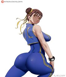 ass back_view big_ass bracelet brown_eyes brown_hair bubble_butt cameltoe capcom chun-li clothing favorite hair_bun hair_ribbon hand_on_knee hell904 hi_res looking_at_viewer looking_back pinup sideboob simple_background sleeveless solo solo_focus street_fighter tight_clothing unitard white_background