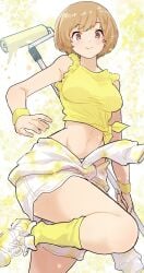 atlus kurosususu midriff paint_roller paintbrush painting persona persona_4 persona_4_the_golden satonaka_chie shin_megami_tensei short_hair yellow_paint