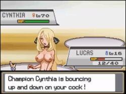 1boy 1girls alternate_breast_size animated begging_for_mercy big_breasts blonde_hair body_offscreen bouncing_breasts breasts cowgirl_position cynthia_(pokemon) defeated dubious_consent english_text erect_nipples female female_domination female_focus female_penetrated femdom game_freak gameplay_mechanics gif hair_ornament health_bar hud human lipstick long_hair lucas_(pokemon) male male/female male_penetrating malesub navel nintendo nipples nude nude_female pixel_animation pixel_art pokemon pokemon_battle pokemon_dppt reverse_rape riding seductive sex sprite_art straight text turtle_sausage turtle_soup vaginal_penetration