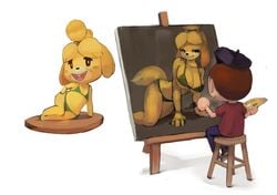 1girls animal_crossing anthro bikini canid canine canis female fully_clothed funny fur furry human isabelle_(animal_crossing) nintendo null_skull painting posing tail villager villager_(animal_crossing) yellow_fur