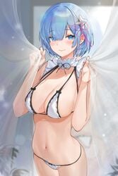 1girls 2021 alracoco belly_button bikini blue_eyes blue_hair blurry_background blush breasts curtains female female_focus female_only hair_ornament hair_over_one_eye holding_object large_breasts looking_at_viewer maid re:zero_kara_hajimeru_isekai_seikatsu rem_(re:zero) short_hair slim_waist smile thick_thighs thighs white_bikini