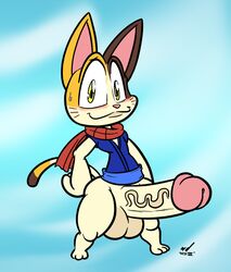 blush bottomless doodle_champion_island_games feline furry genderswap genderswap_(ftm) google google_doodle huge_balls huge_cock looking_at_viewer lucky_(google) nessvii rule_63 scarf smile tail whiskers yaoi yellow_eyes