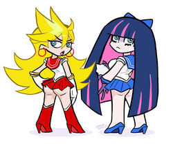 2girls angel ass bangs bishoujo_senshi_sailor_moon blonde_hair blue_eyes blue_hair blue_skirt bow clothing cosplay dark_blue_hair female female_only footwear goth hair_ribbon hairbow handwear heels high_heels hime_cut honekoneko_(psg) hoop_earrings humanoid loggus_doggus long_gloves long_hair miniskirt pale_skin panty_&_stocking_with_garterbelt panty_anarchy pink_hair red_skirt sailor_mars_(cosplay) sailor_moon_(cosplay) sailor_senshi_uniform short_skirt shortstack sisters skirt spiky_hair stocking_anarchy stuffed_animal two_tone_hair white_background