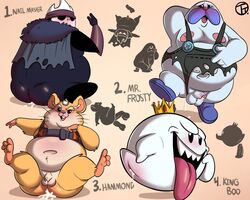 anthro balls belly blizzard_entertainment blush boo_(mario) chubby_male clothing cricetid crown english_text feet feral gay genitals ghost group hammond_(overwatch) hamster hi_res hollow_knight king_boo kirby_(series) male male/male mammal mario_(series) mr._frosty nail_master navel nintendo overwatch overweight overweight_male penis rodent simple_background soles spirit team_cherry text toes tongue tongue_out torn_clothing trashtoonz video_games whiskers