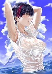 breasts nipples_visible_through_clothing short_hair tomboy tsukumo_nikyu very_short_hair wet wet_clothes