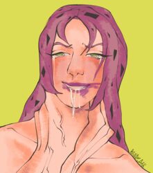 blush choking crying diavolo green_eyes jojo's_bizarre_adventure lips lipstick male male_focus pink_hair randydak0 saliva smile vento_aureo