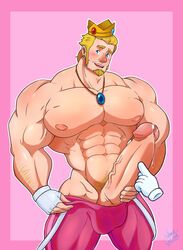 1boy abs bara big_balls big_penis disembodied_hand facial_hair gay genderswap_(ftm) himbo huge_cock hunk male male_focus male_only mario_(series) muscles muscular_male nintendo partially_clothed pecs precum prince_apricot princess_peach pubic_hair rule_63 solo thick_penis warncraving yaoi