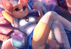 2021 aggressive_retsuko aggretsuko anthro big_breasts button_down_shirt clothed cream_fur digital_media_(artwork) eyebrows eyelashes fenneko fluffy_ears fluffy_tail furry hand_behind_head hi_res knee_socks laying_down legs_crossed looking_at_phone panties phone sanrio skeleion skirt smile smooth_skin solo teeth_showing