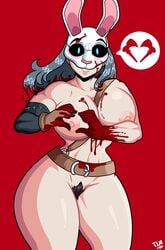 1girls big_breasts big_nipples big_thighs black_hair blood blue_eyes breasts bunny_ears bunny_girl curvaceous curvy cute dead_by_daylight exposed_breasts female female_focus female_only hair heart huntress_(dead_by_daylight) large_breasts mask muscles muscular muscular_female naked pubic_hair red_background silver_hair smile smiling speech_bubble tall theironmountain thighs voluptuous white_skin