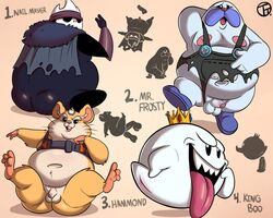 anthro balls belly blizzard_entertainment boo_(mario) chubby_male clothing cricetid crossover crown english_text feet feral genitals ghost group hammond_(overwatch) hamster hi_res hollow_knight king_boo kirby_(series) male male/male mammal mario_(series) mr._frosty nail_master navel nintendo overwatch overweight overweight_male penis rodent simple_background soles spirit team_cherry text toes tongue tongue_out torn_clothing trashtoonz video_games whiskers