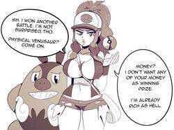 1girls dialogue english_text female hi_res hilda_(pokemon) looking_at_viewer nintendo pignite pokémon_(species) pokeball pokemon pokemon_bw pov short_shorts shorts smug speech_bubble talking_to_viewer white_background wolfgang_bang year_request