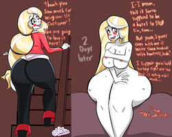 1girls bed bedroom big_ass big_butt bisexual_(female) blonde_hair blush brollyinthewind charlie_morningstar_(hazbin_hotel) cheerful clothing coercion completely_nude completely_nude_female covering covering_breasts english_text eyeliner eyeshadow fangs female female_only happy hazbin_hotel heavy_blush huge_ass huge_butt infidelity instant_loss_2koma lilacumbrella_(artist) long_hair looking_at_viewer looking_back naked naked_female nervous nervous_face nervous_smile nervous_sweat nude nude_female pale-skinned_female pale_skin red_suit simple_background solo solo_female solo_focus stairs straight_hair suit sweat sweatdrop sweating text tuxedo unsure wide_hips