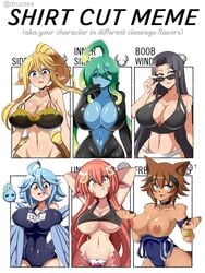 6girls absurd_res adjusting_eyewear adjusting_glasses adjusting_sunglasses areolae boob_window breasts breasts_out centaur centaur_girl centorea_shianus cleavage english_text female female_only furry harpy harpy_girl human inner_sideboob kobold kuroko_smith lamia looking_at_viewer looking_over_eyewear looking_over_glasses looking_over_sunglasses lucyfercomic meme miia_(monster_musume) monster_girl monster_musume_no_iru_nichijou nipples papi_(monster_musume) polt_(monster_musume) shirt_cut_meme slime slime_girl sunglasses suu_(monster_musume) taur text_box tinted_eyewear underboob