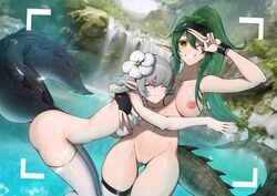 2girls areolae arknights ass ass_visible_through_thighs bathing big_breasts blush breasts camera_view closed_eyes completely_nude cute fangs female_only fingerless_gloves flower_in_hair gavial_(arknights) ghosty223 green_hair grey_hair happy hugging lake legwear long_hair looking_at_viewer medium_breasts multiple_girls nails nipples nude one_eye_closed orange_eyes pointy_ears ponytail pussy shaved_pussy short_hair smile stockings swimming tail teeth thick_tail thick_thighs thighhighs thighs tomimi_(arknights) waterfall wet white_legwear wide_hips