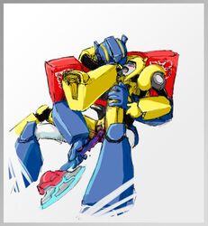 bumblebee bumblebee_(transformers) gay optimus_prime simple_background tagme transformers transformers_animated weapon weapon_in_hand white_background