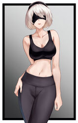 1girls android angdo breasts emotionless expressionless female female_focus female_only nier:_automata nier_(series) robot robot_girl sports_bra sportswear white_hair yoga_pants yorha_2b