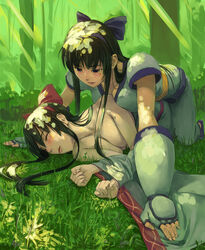 all_fours blush bow breast_press breasts brown_hair cleavage closed_eyes dual_persona female fingerless_gloves gloves hairband hairbow lips long_hair lying multiple_girls murasaki_nakoruru nakoruru purple_nakoruru samurai_shodown selfcest sleeping snk tani topless yuri