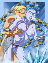 1boy blonde_hair blue_hair blue_skin breast_grab breasts breath closed_eyes female final_fantasy final_fantasy_x grin groping ice jewelry leaning_forward long_hair magi male necklace nipples nude penis pussy pussy_juice sex shiva_(final_fantasy) smile standing straight tidus tongue uncensored vaginal_penetration very_long_hair