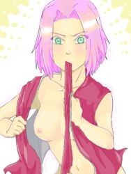 1girls breasts dressing female female_only flat_chest green_eyes human naruto naruto_shippuden navel nipple no_bra pink_hair sakura_haruno short_hair small_breasts solo tamagokara