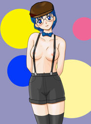 1girls ami_mizuno big_breasts bishoujo_senshi_sailor_moon blue_eyes blue_hair bowtie breasts clothed clothing female female_only front_view glasses hat human looking_at_viewer nipples red103 shorts small_breasts solo standing stockings suspenders tagme topless