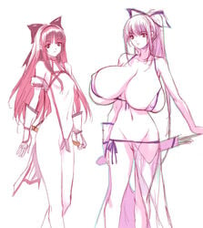 2girls bikini breastless_clothes breasts flat_chest gigantic_breasts gloves huge_breasts long_hair looking_at_viewer majikina_mina nakoruru no_panties q_azieru revealing_clothes samurai_shodown simple_background small_breasts snk swimsuit white_background