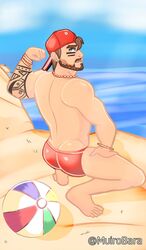 1boy backwards_baseball_cap beach beard facepaint fortnite fortnite:_battle_royale gay guild_(fortnite) male male_only muirobara muscle swimsuit tagme tattoo