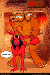 1boy 1girls abs anthro ass black_hair black_nose blue_eyes breasts brown_fur cerberus claws clenched_teeth collar color conjoined devil dialog duo ear_piercing english_text extro female front_view fur furry greek_mythology hair hell hooves horns indoors interspecies licking licking_lips looking_at_viewer male multi_head muscular muscular_male mythology nipples nude open_eyes piercing raised_tail red_skin rule_63 satan sex sharp_teeth spade_tail speech_bubble standing straight tail text tongue tongue_out