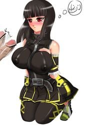 beatmania beatmania_iidx bemani black_hair bodysuit breast_suppress hinazuki_ririna huge_breasts penis red_eyes skirt suit