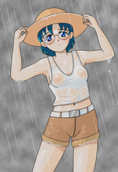 1girls ami_mizuno anime_style big_eyes bishoujo_senshi_sailor_moon blue_eyes blue_hair breasts clothed clothing dutch_angle female female_only front_view fully_clothed glasses hat human nipples pale_skin pointy_chin rain raining red103 see-through see-through_clothing shorts small_breasts solo standing tagme visible_nipples wet wet_clothes wet_shirt