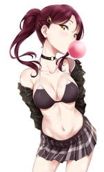 aqours arms_behind_back bare_shoulders bikini bikini_top black_bikini black_bra black_choker black_jacket black_skirt black_swimsuit black_underwear bra breasts breasts_apart bubble_blowing bubblegum checkered checkered_skirt chewing_gum choker clavicle cleavage contrapposto cowboy_shot female female_only forehead goth hair_ornament hairclip head_tilt jacket jacket_off_shoulders large_breasts long_hair looking_at_viewer love_live! love_live!_sunshine!! medium_breasts midriff miniskirt navel o-ring o-ring_choker off_shoulder plaid plaid_skirt pleated_skirt ponytail red_hair sakurauchi_riko simple_background skirt solo standing surfing_orange swimsuit tied_hair twintails underwear white_background yellow_eyes