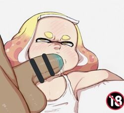 1futa 1girls annoyed censored cum cum_in_mouth dark_skin fellatio futa_on_female futanari inkling intersex marina_(splatoon) nuranura-san octoling pale_skin pearl_(splatoon) penis splatoon tagme testicles