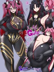 2girls absorbtion animal_ears belly_expansion big_breasts black_hair breast_expansion brown_eyes cleavage digestion fate/grand_order fate_(series) female_only glasses hair_decoration ishtar_(fate) ishtar_(fate/grand_order) kitsune koyanskaya_(fate) latex_suit pink_hair reia9131 stomach_bulge swallowed_whole swallowing tagme twintails vore wide_hips