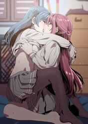 2girls bare_legs bare_thighs barefoot bent_knees black_legwear black_thighhighs blue_hair blush bra breasts closed_eyes clothes_pull clothing duo ecoman embracing eyebrows_visible_through_hair feet female female_only french_kiss gym_storeroom hair_bun hair_ornament hand_on_breast hug indoors kissing large_breasts legs legs_up legwear long_hair love_live! love_live!_sunshine!! midriff multiple_girls pantyhose pleated_skirt pommel_horse red_hair sakurauchi_riko school_uniform serafuku shadow shirt shirt_lift shirt_pull side_bun sitting skirt spread_legs storage_room straddling sweat thighhighs thighs tied_hair tongue tsushima_yoshiko uniform uranohoshi_school_uniform very_long_hair wariza white_bra yuri