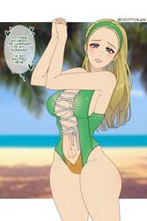 1girls ass bare_arms bare_legs bare_thighs blonde_hair cleavage cryptid_crab dragon_quest dragon_quest_xi earrings english_text green_one-piece_swimsuit green_swimsuit grin head_tilt lips long_hair looking_at_viewer medium_breasts one-piece_swimsuit pubic_tattoo purple_eyes serena_(dq11) sideboob smile solo square_enix swimsuit tattoo text thick_thighs