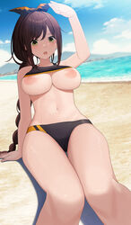 1girls 2021 bangs beach big_breasts black_ribbon black_swimsuit braid braided_ponytail breasts brown_hair erect_nipples eyebrows_visible_through_hair female female_focus female_only green_eyes light-skinned_female long_hair looking_at_viewer multicolored_swimsuit navel nipples no_bra ocean open_mouth petite ponytail re:zero_kara_hajimeru_isekai_seikatsu ribbon sakamotono seductive_look shaula_(re:zero) sky stomach sweat swimsuit teenager thighs