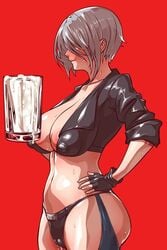 1girls angel_(kof) animated areolae ass big_breasts blush breasts burp burping cleavage cum cum_between_breasts cum_burp cum_in_container cum_in_mouth cum_on_body cum_on_breasts cum_on_upper_body drinking drinking_cum erect_nipples_under_clothes gokkun grey_hair hand_on_hip huge_breasts jacket king_of_fighters navel nipples panties puffy_nipples short_hair smile snk sweat thick_thighs video video_games voluptuous wanaata wet