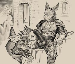 armor bottomless daftpatriot dark_souls dragonoid_(dark_souls) fan_characters furry licking licking_balls penis sex sketch smile