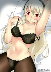 1340smile 1girls arm_behind_head armpits bare_midriff black_panties blonde_hair bra corrin_(fire_emblem) corrin_(fire_emblem)_(female) fire_emblem fire_emblem_fates hairband large_breasts leggings long_hair nintendo on_back on_bed panties pillow red_eyes solo underwear undressing