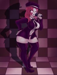 big_ass big_breasts big_thighs boots crossover female_only five_nights_at_freddy's fnaf friday_night_funkin hat jacket magenta_hair mid-fight_masses mid-fight_masses_(fnf_mod) mod partially_clothed pink_skin purple_guy purple_hair sarvente_(dokki.doodlez) security_guard shirt tie uniform white_eyes white_skin