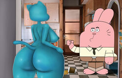 1boy 1girls areolae ass back_view blue_fur breasts cartoon_network clothed_male feline feline female female_focus hips lagomorph large_ass large_breasts male milf mother nicole_watterson nipples nude nude_female nude_female_clothed_male on_model pink_fur rabbit redbenjamin richard_watterson sideboob the_amazing_world_of_gumball thick_thighs thighs tie