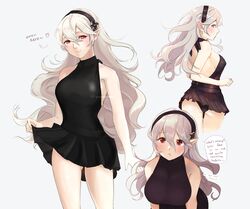 1girls alternate_costume ass ass_visible_through_thighs back back_view backless_dress backless_outfit bangs bare_arms bare_back bare_legs bare_shoulders black_dress black_hairband black_panties black_skirt blush breasts clothes_lift corrin_(fire_emblem) corrin_(fire_emblem)_(female) dialogue dress english_text eyebrows_visible_through_hair female female_only fire_emblem fire_emblem_fates hair_between_eyes hairband hartman_hips headband heart highres large_breasts lifted_by_self lips long_hair looking_at_viewer looking_back manakete medium_breasts nintendo no_bra pale-skinned_female pale_skin panties pantyshot pantyshot_(standing) parted_lips pink_lips pointy_ears red_eyes short_dress sideboob silver_hair simple_background skirt skirt_hold skirt_lift sleeveless sleeveless_dress smile soba_(yatonokamui) sobasakuhin solo speech_bubble symbol_commentary teasing teeth text thighs twitter_username underwear upskirt very_long_hair video_game video_game_character video_games wavy_hair white_background white_hair wholesome