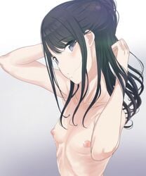 arms_behind_head bangs black_hair blue_eyes blush breasts clavicle eyebrows_visible_through_hair female female hands_up high_resolution idolmaster kazano_hiori long_hair looking_at_viewer mole mole_under_mouth nipples nude open_mouth ponytail q_(ed69) ribs skinny small_breasts solo swept_bangs tagme the_idolm@ster:_shiny_colors tied_hair topless very_high_resolution