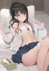 1girls armpits bangs bare_legs bare_shoulders bare_thighs black_hair blue_skirt blush bra breasts clavicle cleavage closed_mouth clothes_pull collared_shirt dress_shirt female female_focus female_only grey_eyes hands_up high_resolution idolmaster idolmaster_shiny_colors imminent_sex kazano_hiori knees_together knees_up legs light-skinned_female light_skin long_hair long_sleeves looking_at_viewer lying navel necktie nervous on_back open_clothes open_shirt panties panty_pull pillow pillow_grab pjkka ponytail school_uniform shirt skirt skirt_lift skirt_pull skirt_up small_breasts solo swept_bangs tagme thighs tied_hair tissue_box underwear underwear_pull uniform wavy_mouth white_bra white_panties white_shirt white_underwear worried